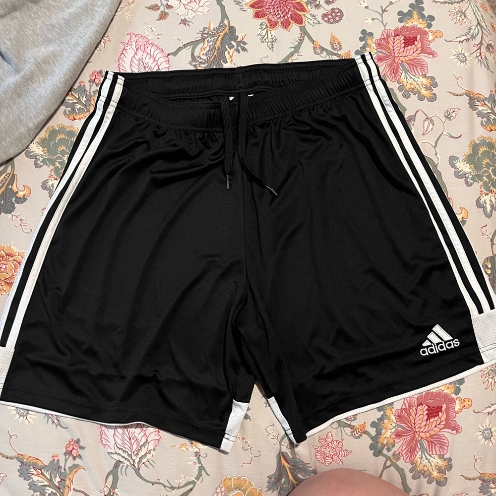 Adidas Black and White Athletic Shorts with Signature Stripes